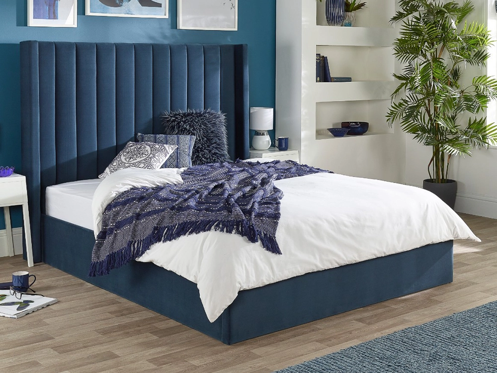 Maxi Winged Headboard Blue Velvet Ottoman Storage Bed